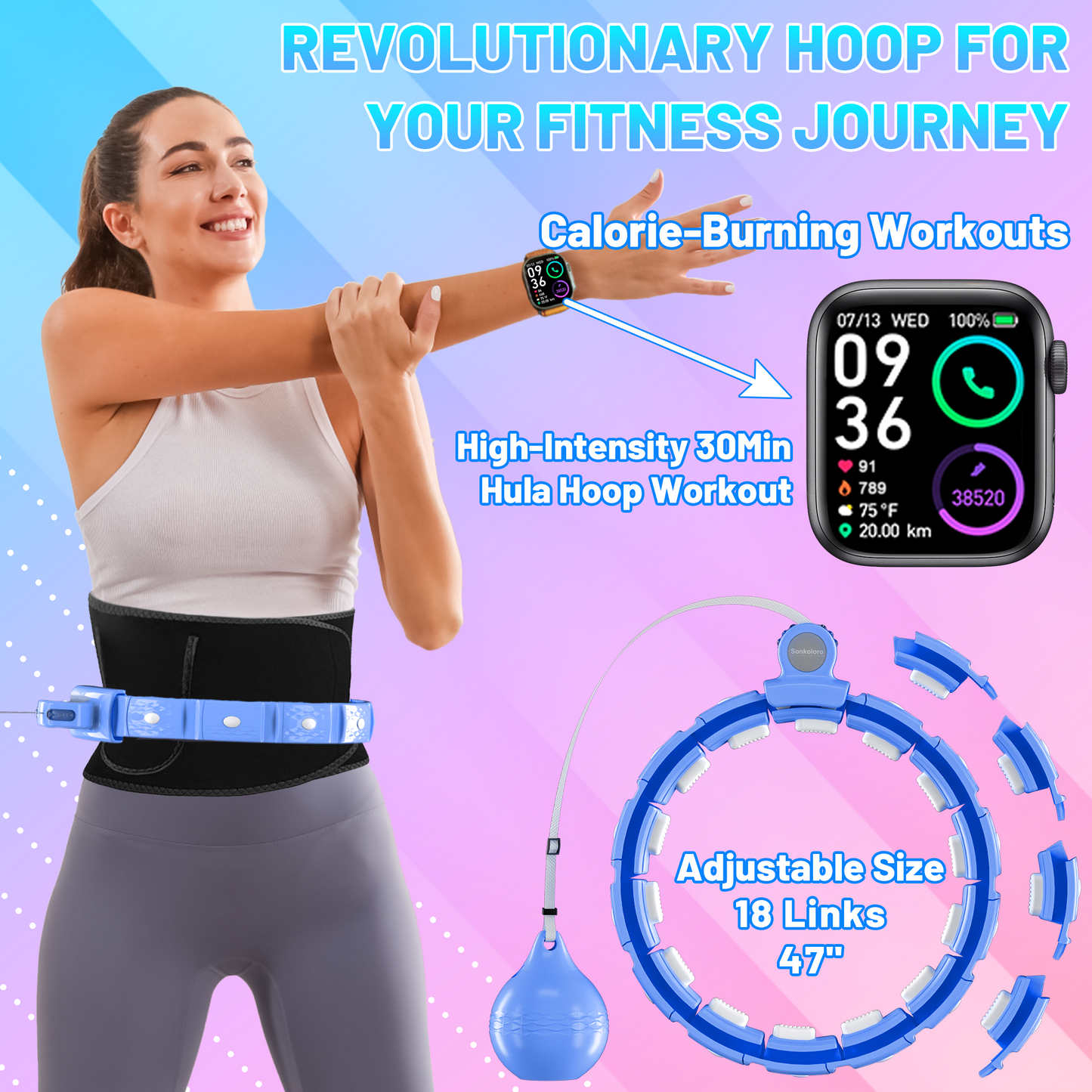 Upgrade Smart Weighted Fit Hoop for Adults Weight Loss, 18 Detachable Knots, Modern Low Noise Exercise Fitness Hoop, Great for Adults and Beginners