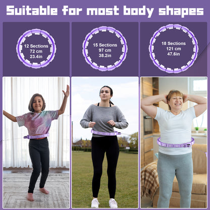 Weighted Hoop for Adult Weight Loss - 50" Plus Size Silent Smart Waist Fitness Circle with Ball - Abs Exercise Equipment for Home Purple