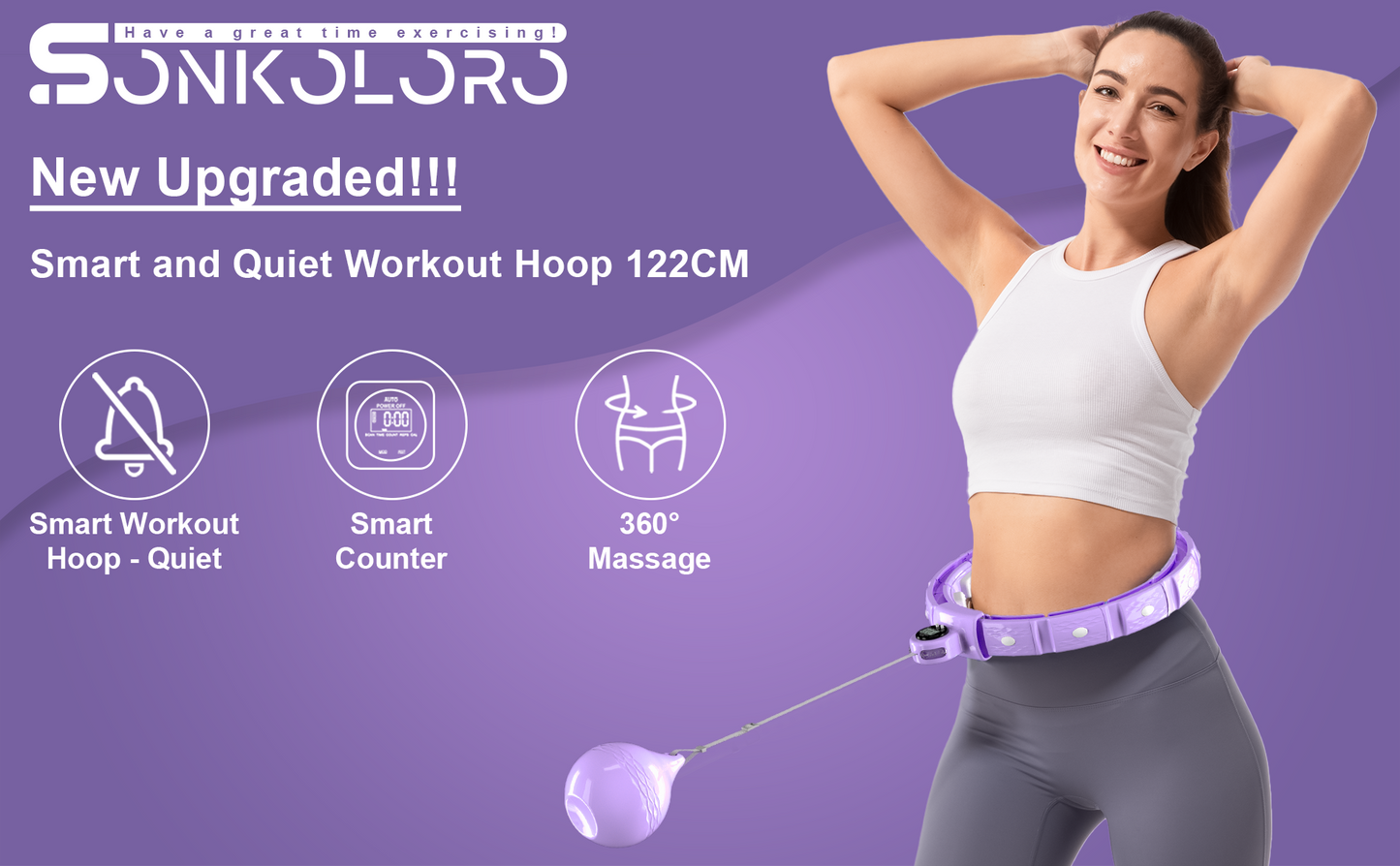 Weighted Hoop for Adult Weight Loss - 50" Plus Size Silent Smart Waist Fitness Circle with Ball - Abs Exercise Equipment for Home Purple